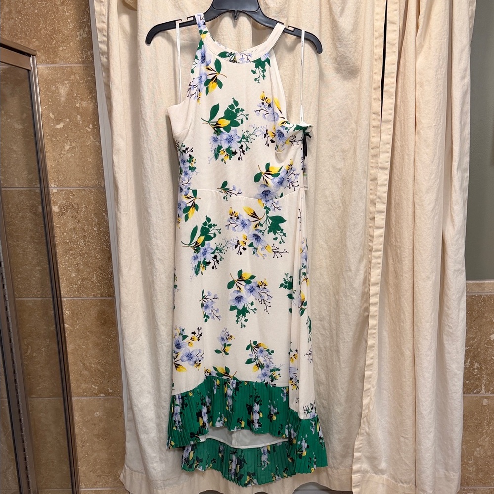 Kensie Cream and Green Floral High Low Dress